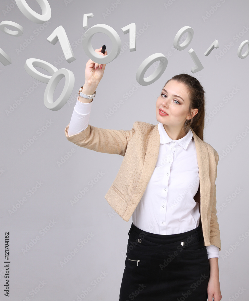 Woman working with binary code, concept of digital technology. Woman working with binary code, concept of digital technology.