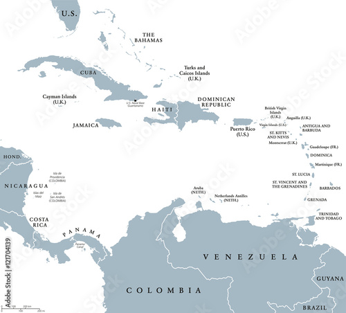 The Caribbean countries political map with national borders. The Caribbean Sea with Greater, Lesser and Leeward Antilles, with West Indies and parts of Central and South America. English labeling.
