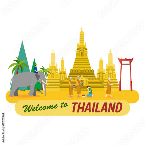 Flat design, Illustration of elephant, monks and temple in Thailand, vector