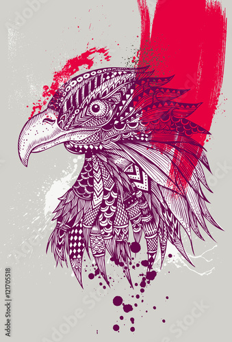 Zentangle stylized hawk with paint splatters, Hand drawn illustration