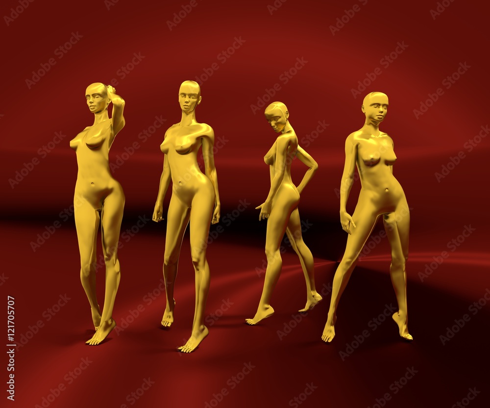 Sexy woman mannequins posing. 3d rendering. Metallic fashion models Sexy woman mannequins posing. 3d rendering. Metallic fashion models