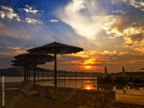 Sunset in beach resort Solaris, Sibenik, Croatia. Filtered image.