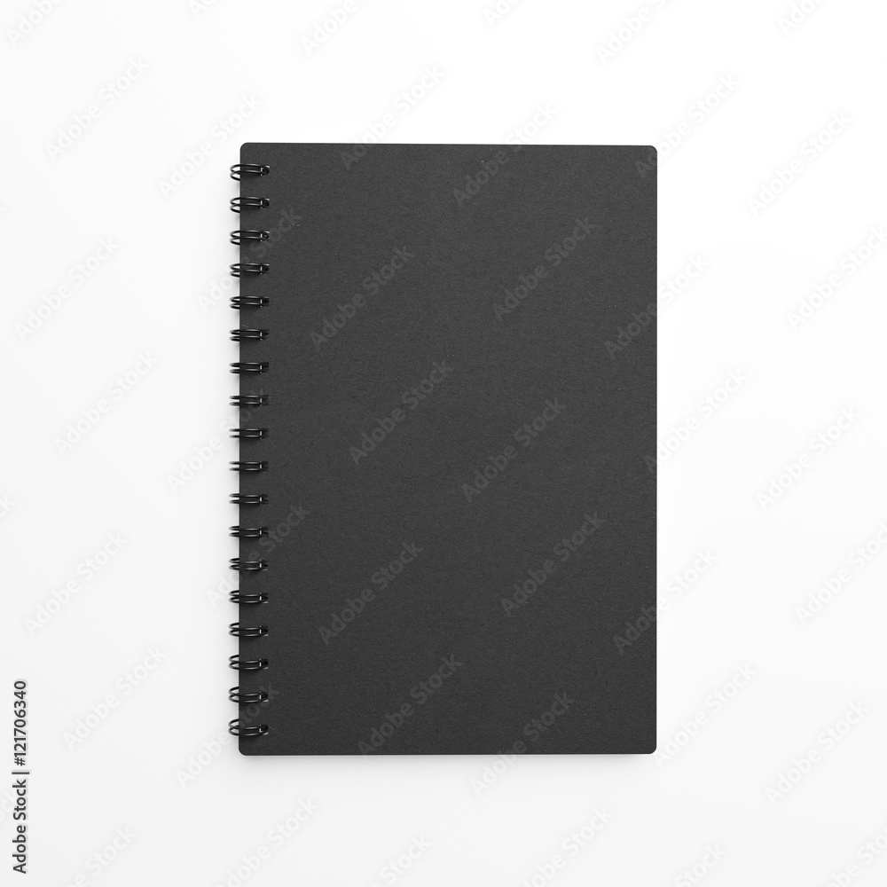 Black paper notebook made of craft paper over white background. Top view. 3d rendering. Black paper notebook made of craft paper over white background. Top view. 3d rendering.