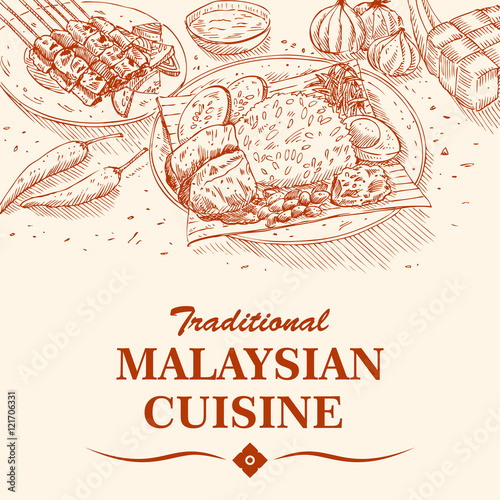 Hand drawn of Malaysian food, Nasi Lemak curry paste with rice and Chicken Satay, vector