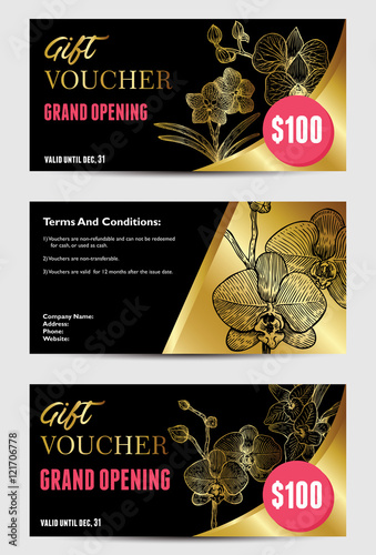Gift voucher template with hand drawn orchid pattern. Vector illustration. Abstract background.