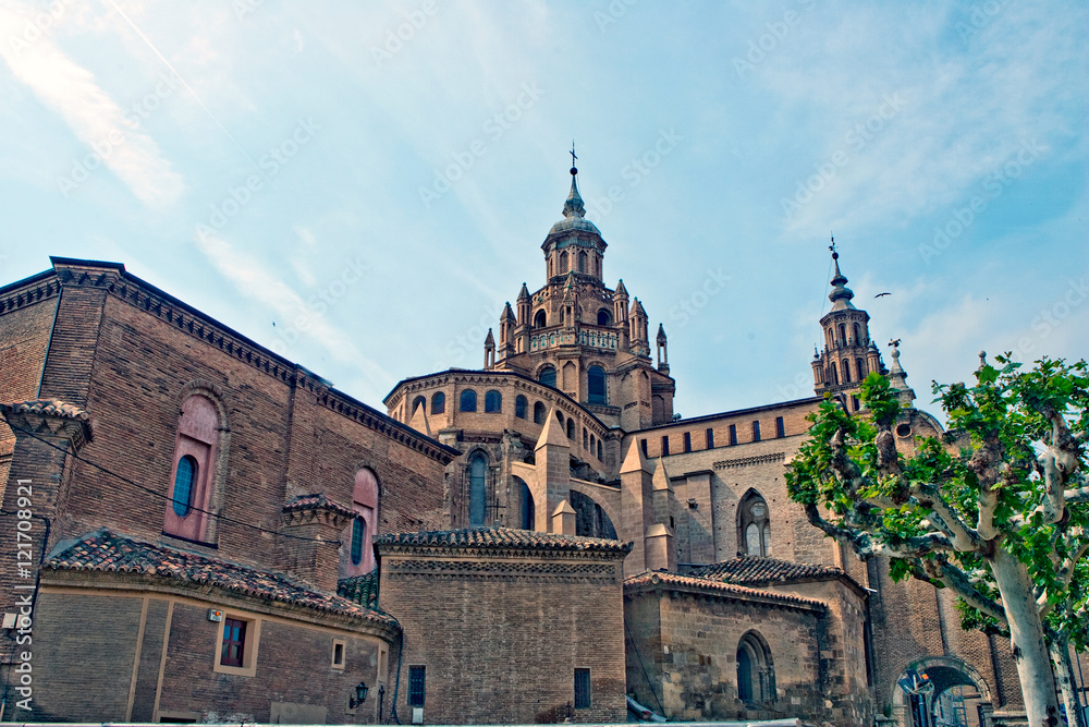 Several images of historic buildings, bullring, streets and Cathedral of Tarazona, Aragon, Spain