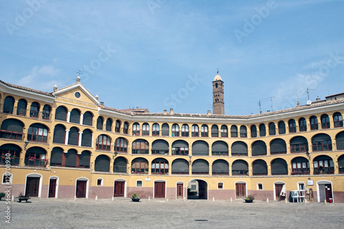 Several images of historic buildings, bullring, streets and Cathedral of Tarazona, Aragon, Spain