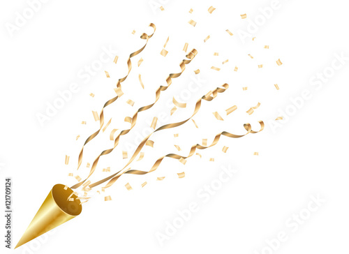 Exploding gold party popper with confetti and streamer Vector