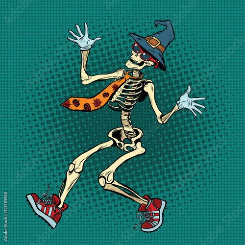 Funny Halloween skeleton in a fashionable tie and shoes