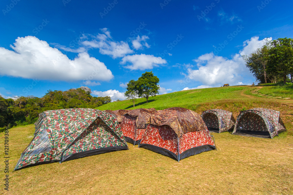 Colorful tents camping at Doi Samer Dao , Sri Nan National Park, Nan Province, Thailand