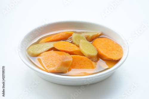 Asian dessert soup. Sweet potato soup boiled with ginger 