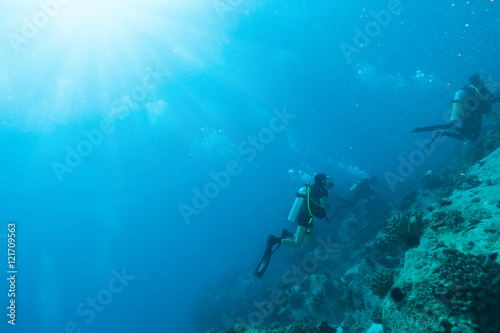 Group of scuba divers exploring sea bottom