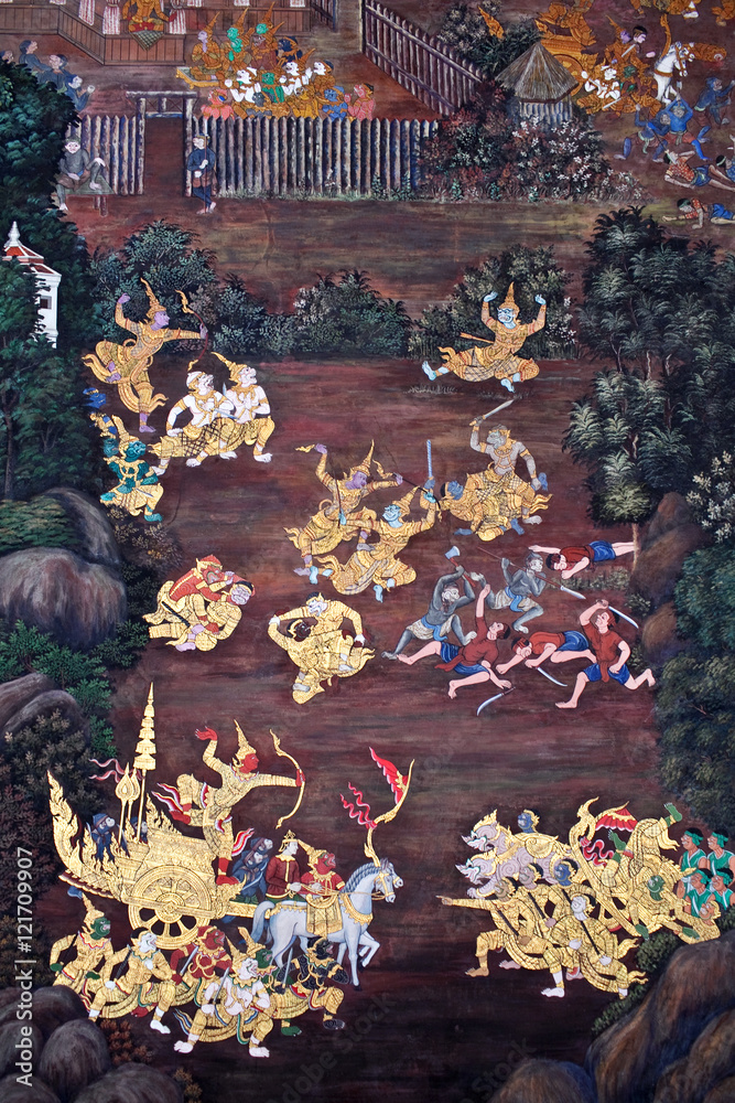 Obraz premium Ancient fresco in Wat Phra Kaew temple in Bangkok, Thailand