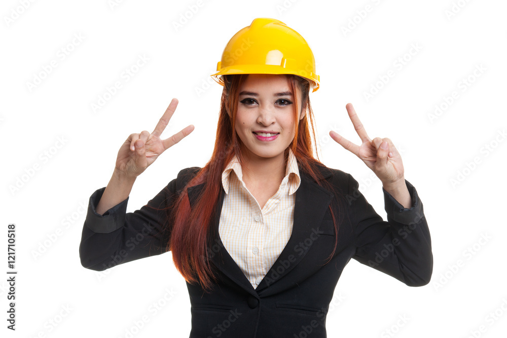 Asian engineer woman show victory sign with both hands. Asian engineer woman show victory sign with both hands.