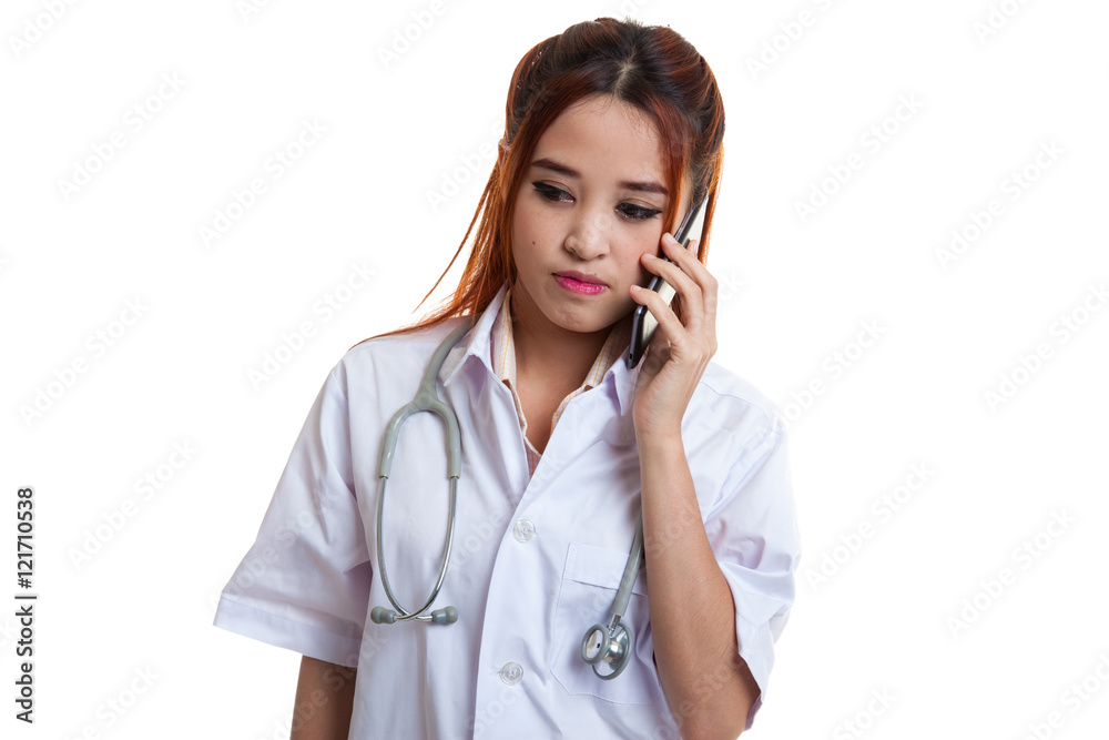 Asian young doctor woman with stethoscope use mobile phone. Asian young doctor woman with stethoscope use mobile phone.