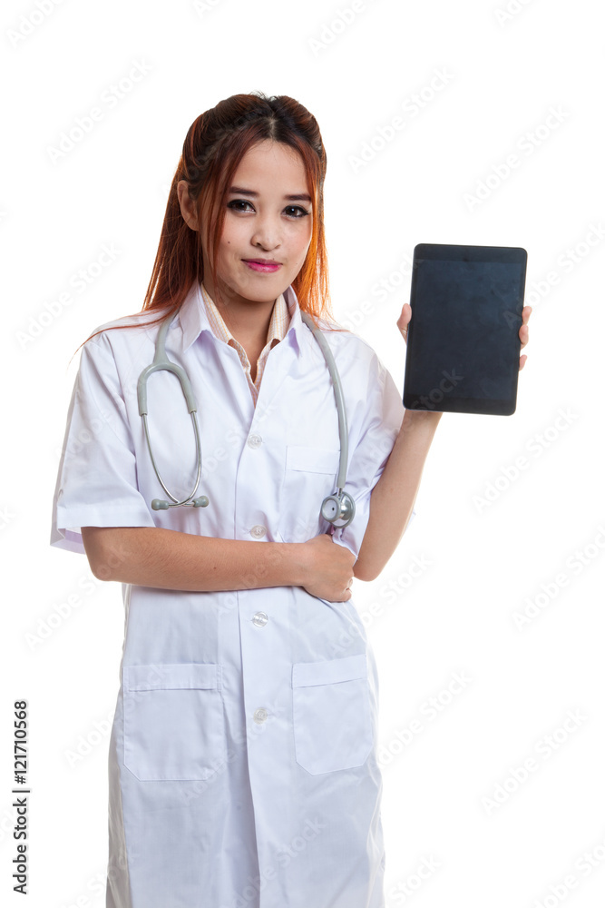 Asian young female doctor show tablet pc. Asian young female doctor show tablet pc.