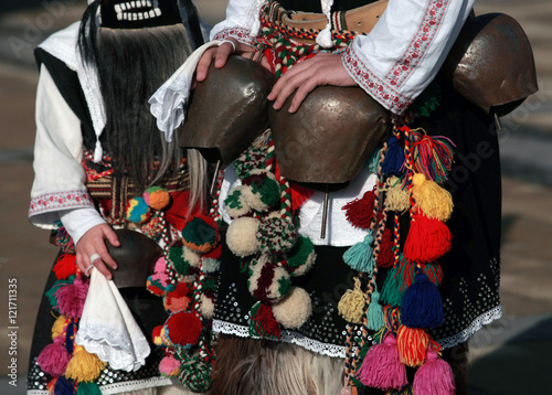 PERNIK, BULGARIA - JANUARY 30, 2016 - Masquerade festival Surva in Pernik, Bulgaria. People with mask called Kukeri dance and perform to scare the evil spirits