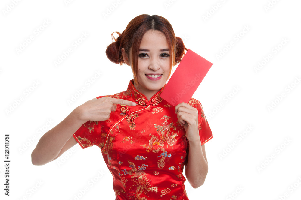 Asian girl in chinese cheongsam dress point to red envelope. Asian girl in chinese cheongsam dress point to red envelope.