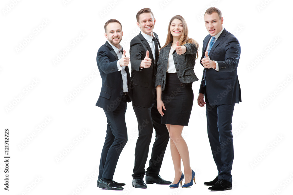 Successful business team. Full length of group of confident business people showing thumbs up standing close to each other and smiling. Isolated on white. Successful business team. Full length of group of confident business people showing thumbs up standing close to each other and smiling. Isolated on white.