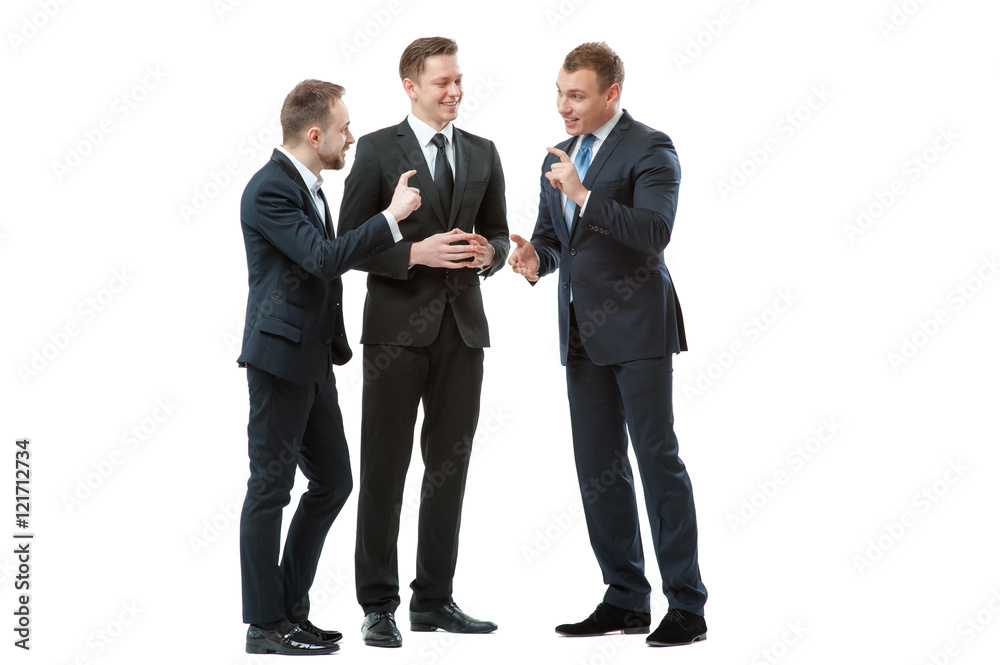 Successful project. Full length of three cheerful business people in formalwear discussing something and gesturing. Isolated on white. Successful project. Full length of three cheerful business people in formalwear discussing something and gesturing. Isolated on white.