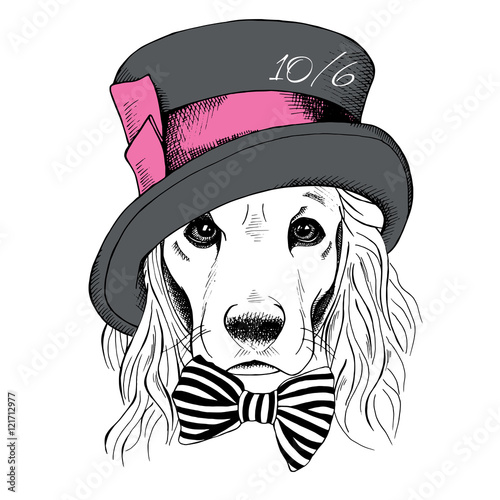 Portrait of a dog Cocker Spaniel in a Hatter top hat and with bow. Vector illustration.