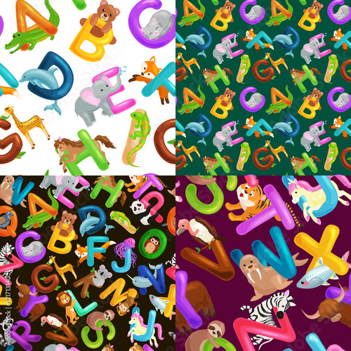 seamless pattern animals alphabet for kids abc education in preschool.
