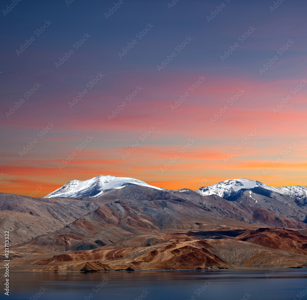 Tso Moriri lake in Ladakh at sunset, Jammu and Kashmir, North India.