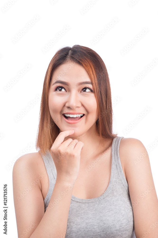 attractive asian woman thinking isolated on white background attractive asian woman thinking isolated on white background
