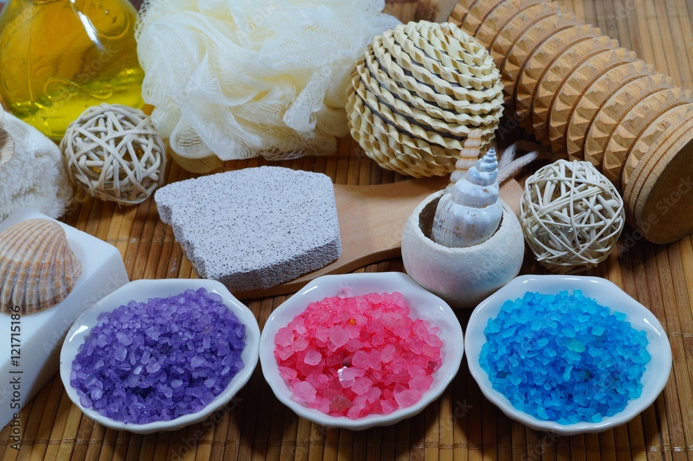 Spa - Aromatic soap, scented bath salt, and oil, and accessories for massage and bathroom
