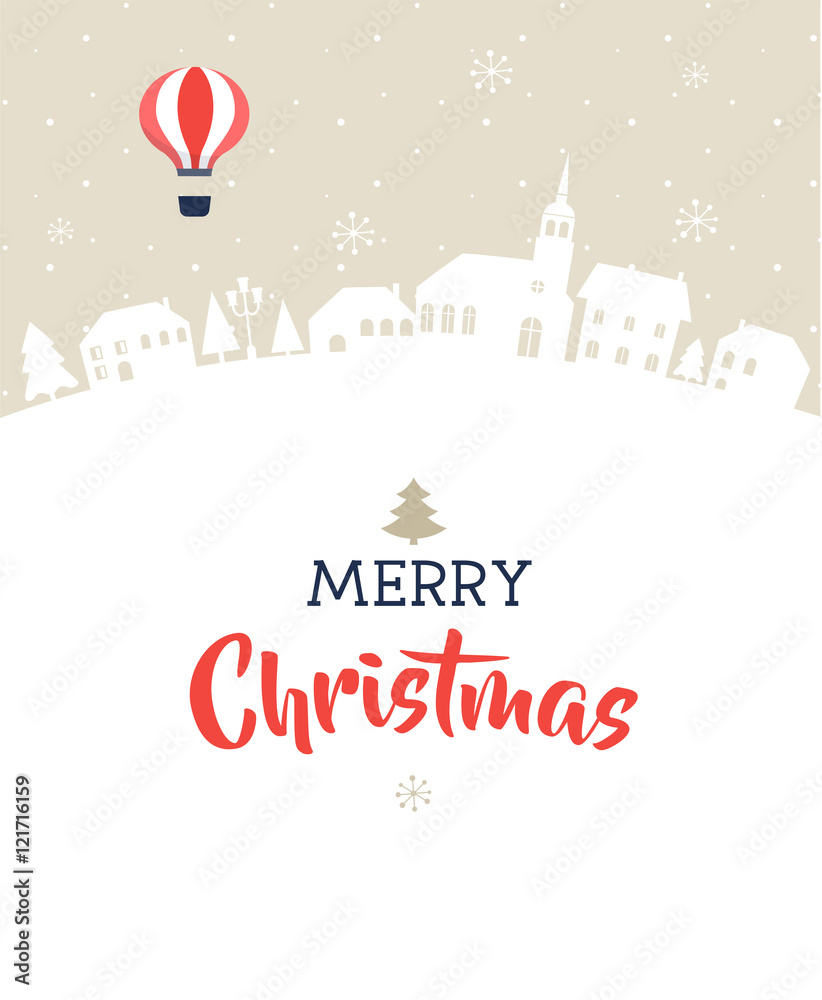 Merry Christmas, magic winter village with lettering, modern poster, greeting card and illustration