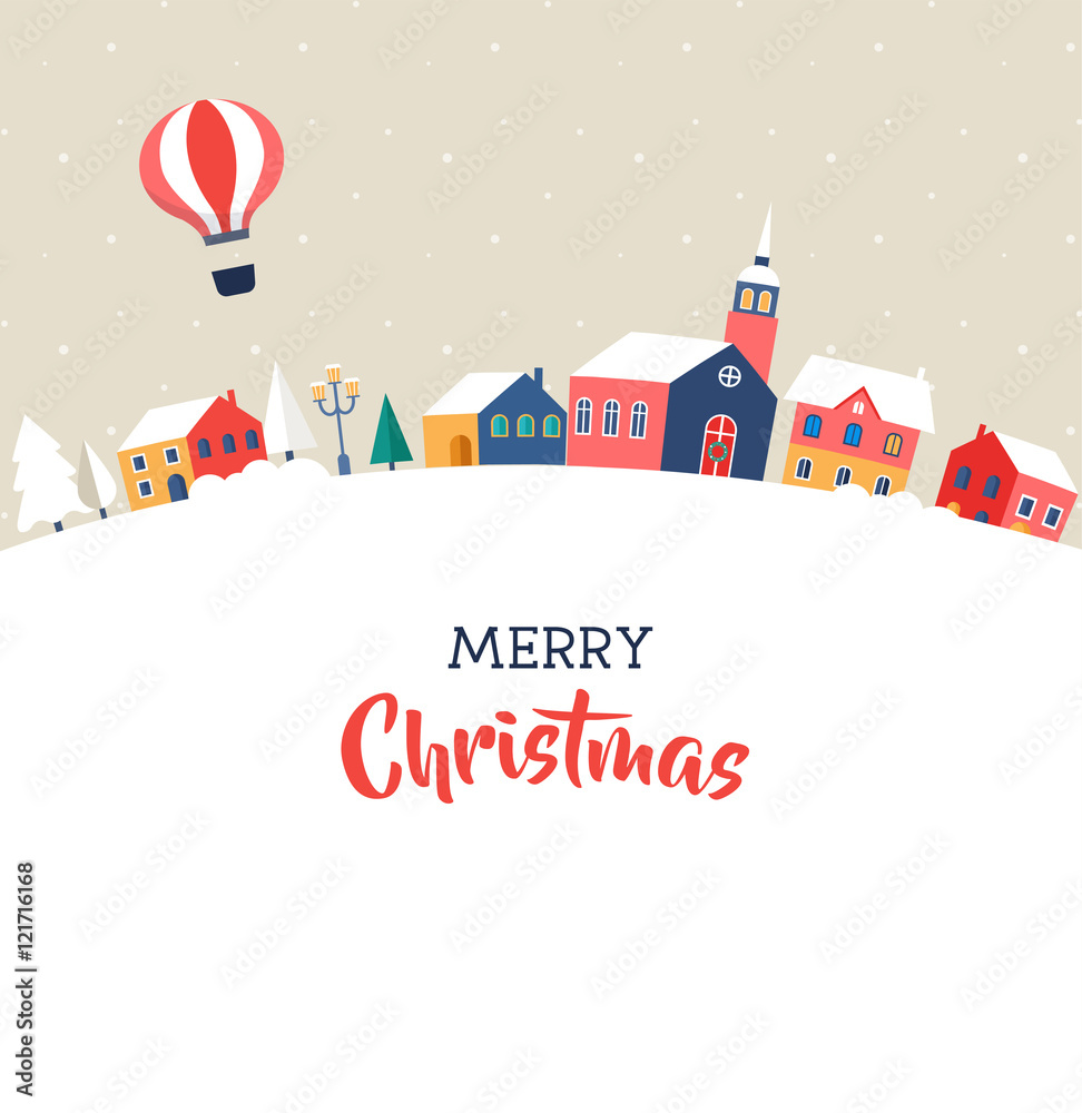 Merry Christmas, magic winter village with lettering, modern poster, greeting card and illustration