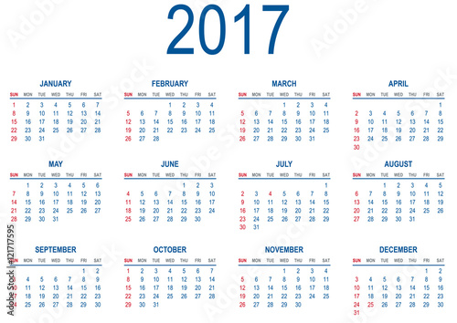 Calendrier pour 2017 - Anglais - Les semaines débutent le dimanche - Base pour personnalisation - Fichier modifiable fourni