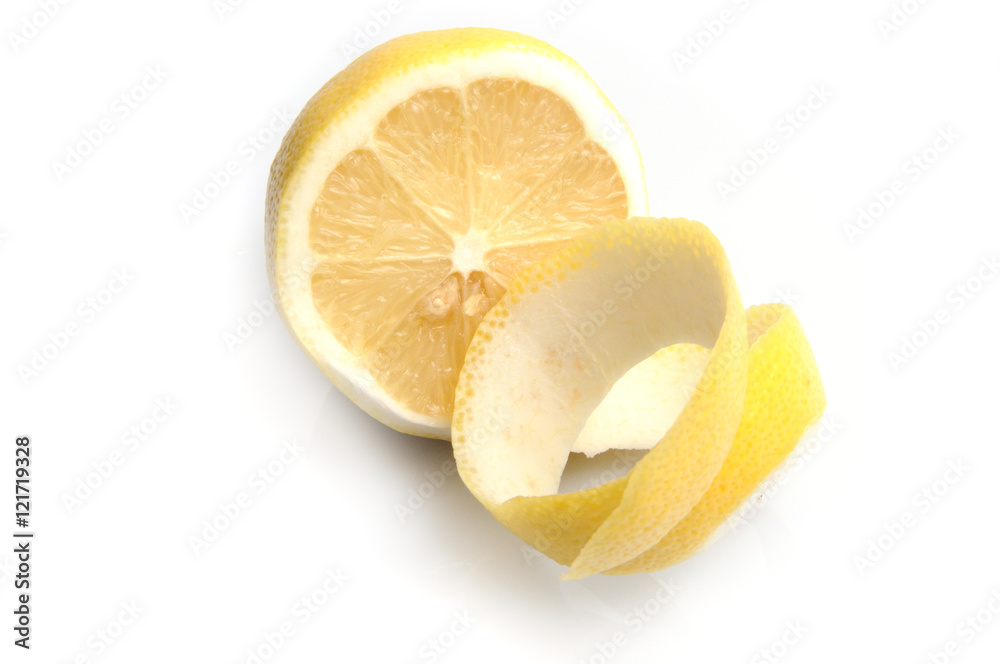 half a lemon. skin twisted into a spiral. half a lemon. skin twisted into a spiral.