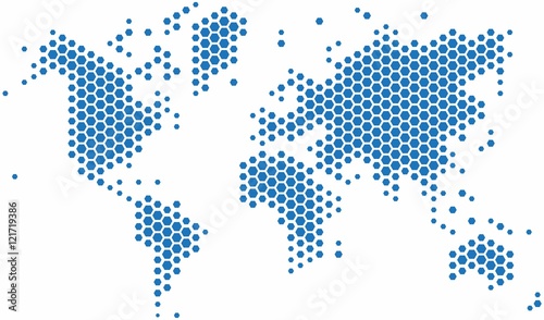 Blue hexagon world map on white background, vector illustration.