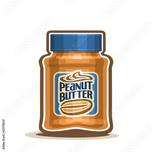 Vector logo Peanut Butter Jar with label, container jar with brown peanut cream snack with blue cap, pot butter nuts dessert spread paste with lid for kids breakfast closeup isolated white background.
