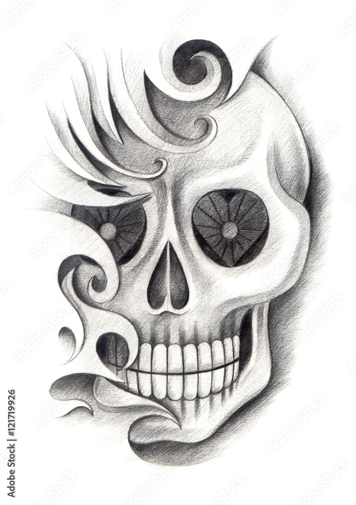 Art skull  design skull head mix graphic tribal tattoo hand  pencil drawing on paper. Stock Illustration | Adobe Stock