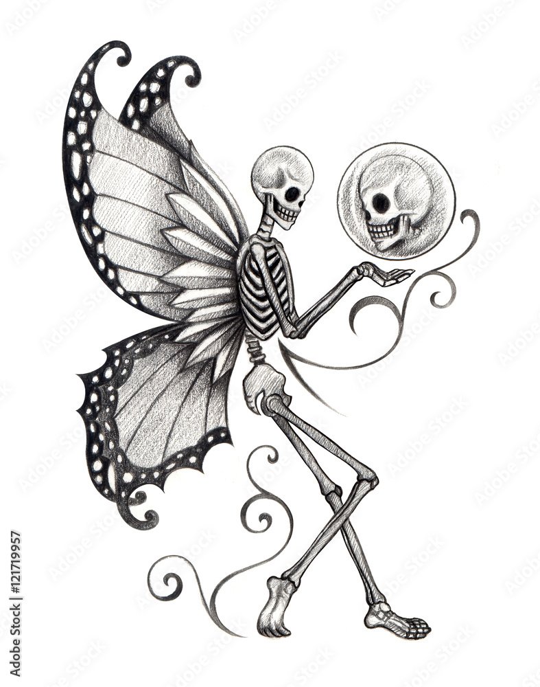 Art skull fairy  design skull fairy surreal for tattoo hand  pencil drawing on paper. Stock Illustration | Adobe Stock