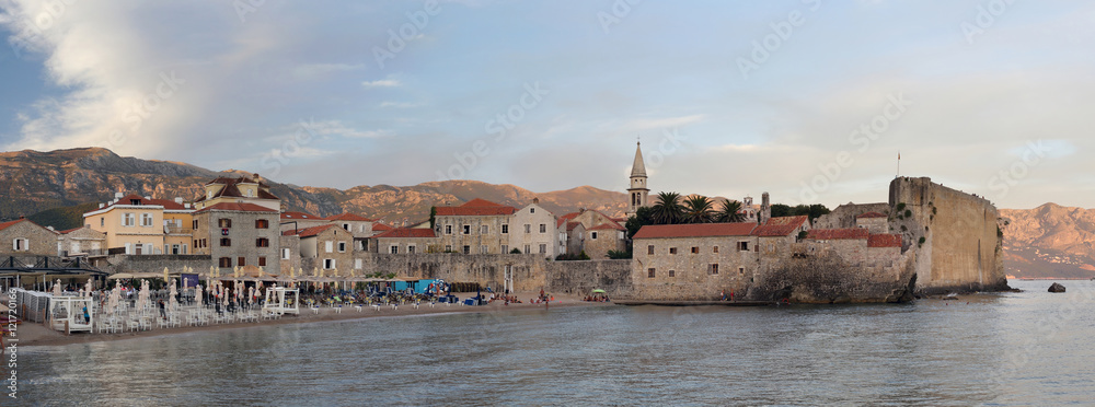 Evening view of old town Budva