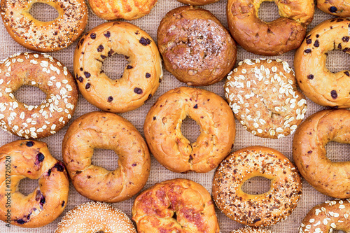 Assorted bagels in a full frame background photo