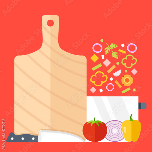 Cutting board, knife, saucepan and vegetables vector set. Flat design. Cooking process, recipe, meal prep concepts. Modern illustration