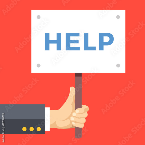 Hand holding help sign board. Wooden placard with help word written on it. Modern flat design vector illustration isolated on red background