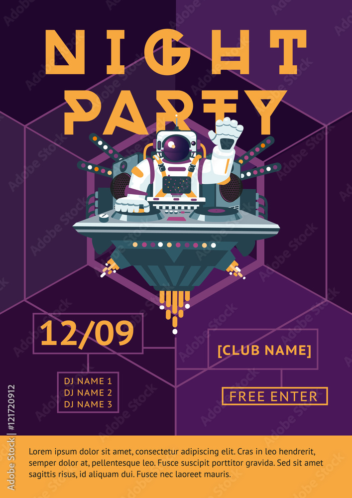 Party poster for night club. Dj in an astronaut suit