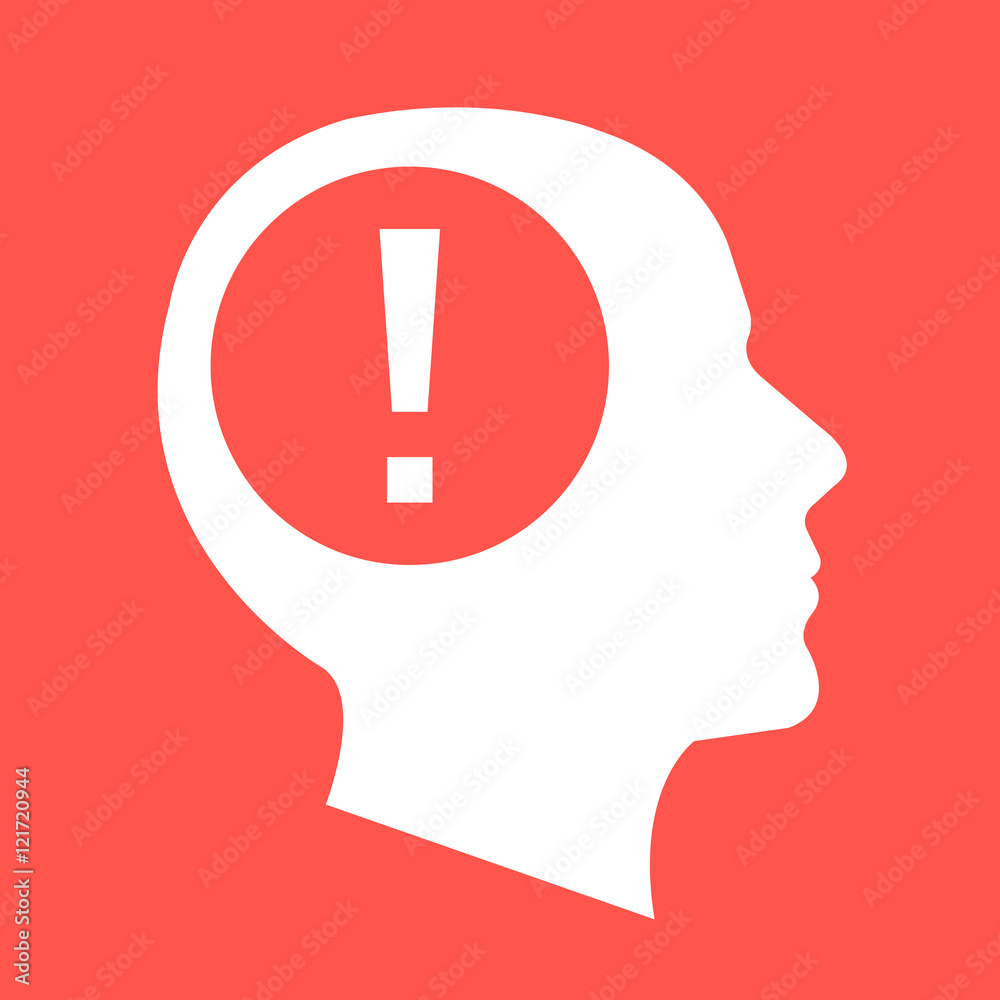 White human head, face profile silhouette with exclamation point. Flat design vector illustration isolated on red background White human head, face profile silhouette with exclamation point. Flat design vector illustration isolated on red background