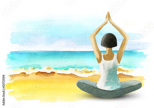 Freedom and wellness.Yoga on the coast. Healthy living concept. Watercolor template