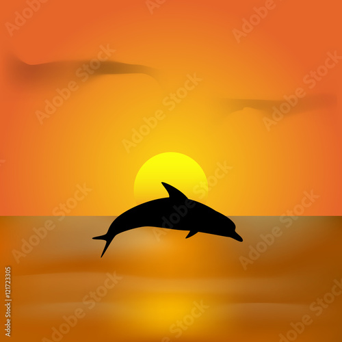 Dolphin jumping at sunset, vector background © Ilya Rumyantsev