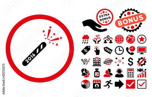 2016 Firecracker icon with bonus pictograph collection. Vector illustration style is flat iconic bicolor symbols, intensive red and black colors, white background.