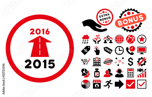 2016 Future Road pictograph with bonus design elements. Vector illustration style is flat iconic bicolor symbols, intensive red and black colors, white background.