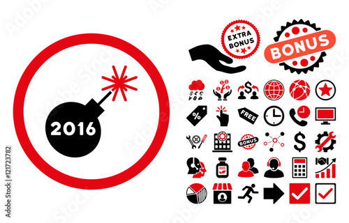 2016 Petard icon with bonus clip art. Vector illustration style is flat iconic bicolor symbols, intensive red and black colors, white background.