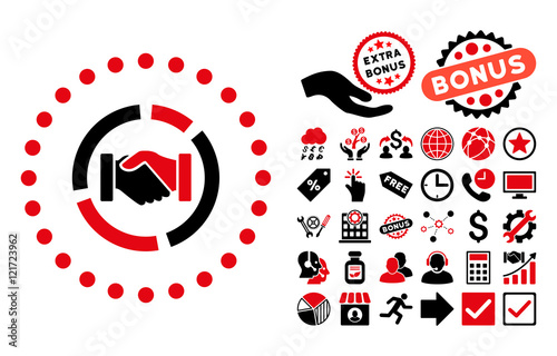 Acquisition Diagram icon with bonus design elements. Vector illustration style is flat iconic bicolor symbols, intensive red and black colors, white background.
