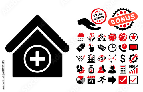 Add Building icon with bonus pictures. Vector illustration style is flat iconic bicolor symbols, intensive red and black colors, white background.